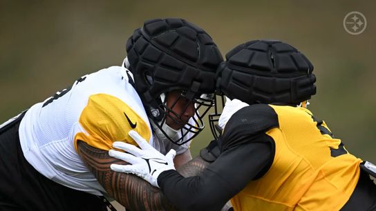 Steelers' rookie lineman Troy Fautanu during a drill at training camp. Steelers' rookie lineman Troy Fautanu during a drill at training camp.