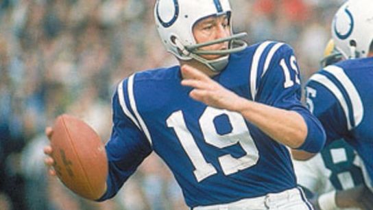 Baltimore Colts' QB Johnny Unitas getting ready to throw a football. Steelers' Johnny Unitas