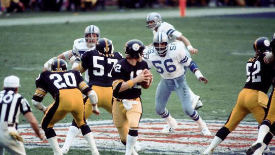 Jan 21, 1979; Miami, FL, USA; Pittsburgh Steelers quarterback Terry Bradshaw (12) in action during Super Bowl XIII against the Dallas Cowboys at the Orange Bowl. Pittsburgh went on and defeated the Cowboys 35-31 and earn their third Super Bowl Championship.