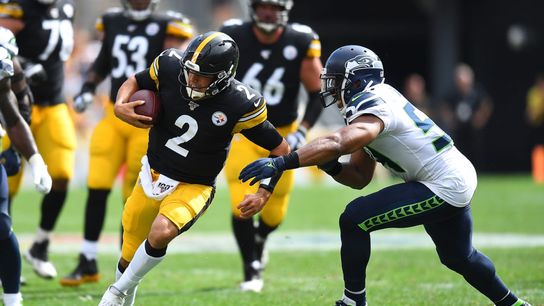 Steelers Mason Rudolph tries to stiff arm Bobby Wagner in 2019 Steelers Mason Rudolph tries to stiff arm Bobby Wagner in 2019
