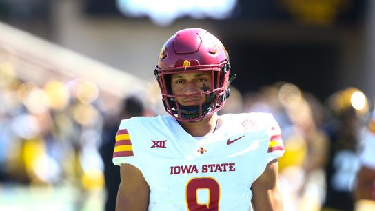 Iowa State Cyclone's quarterback and 2025 NFL Draft prospect Jayden Higgins during a college game Iowa State Cyclone's quarterback and 2025 NFL Draft prospect Jayden Higgins during a college game